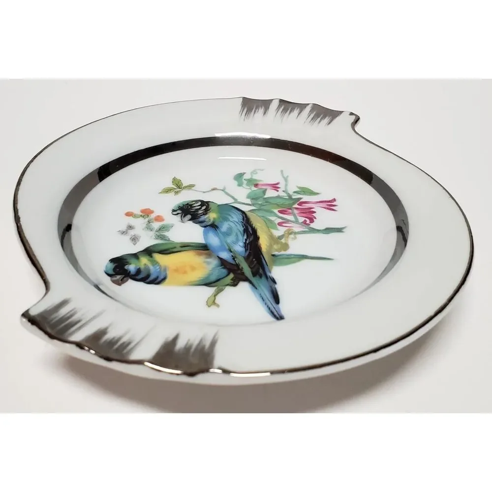 Norleans Ashtray Parrot Bird Japan Hand Paint Dish Ring Hold Porcelain Bl/Grn/Yl